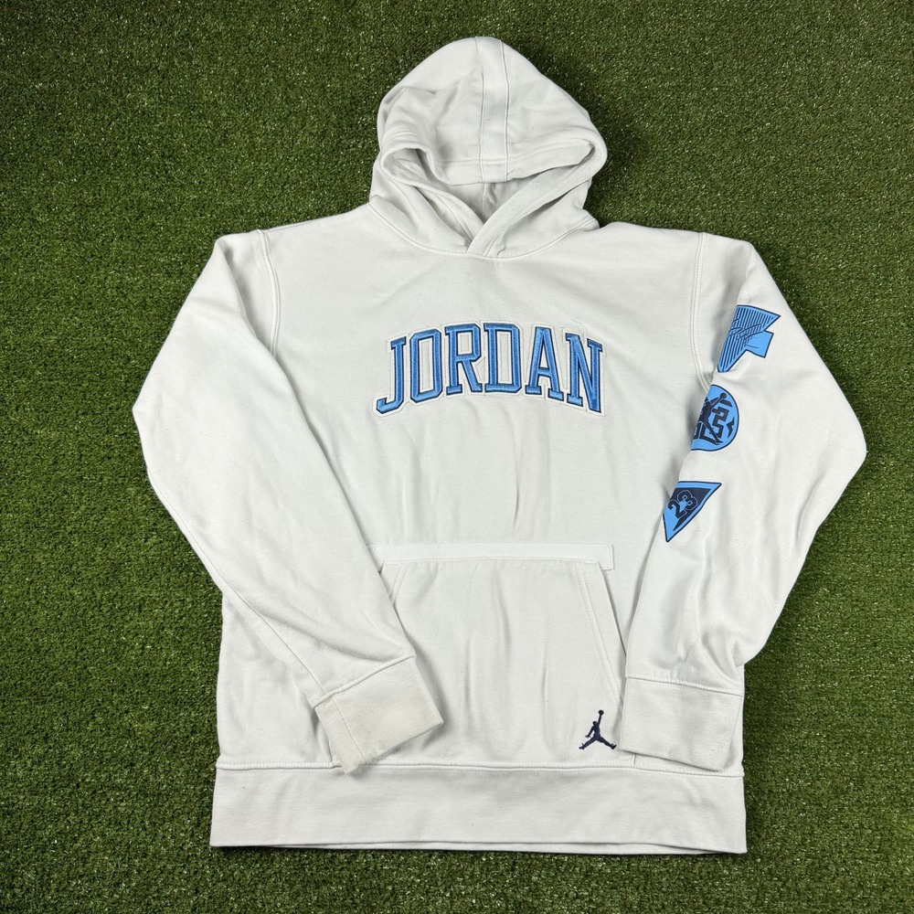 Jordan Boys XL White Blue Spellout Pullover Hoodie Sweatshirt Jumpman 0622